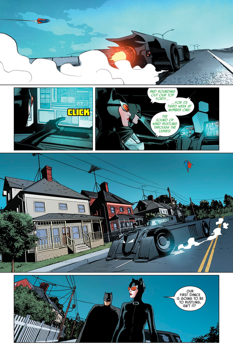 The newly-engaged Batman and Catwoman enjoying a drive through Poison Ivy’s apocalyptic utopia.